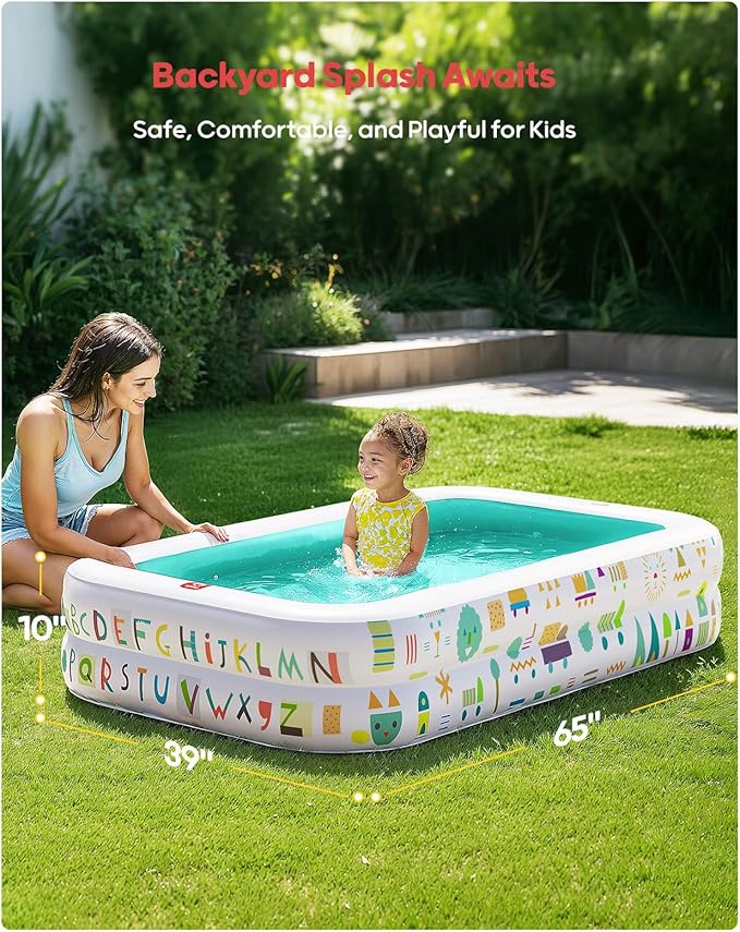 QPAU Kiddie Pool – 65" x 39" Inflatable Pool for Kids & Toddlers, Ball Pit & Baby Pool with Soft Floor, Educational Alphabet & Number, Durable Outdoor Play Toys for Backyard & Indoor Fun (Green)