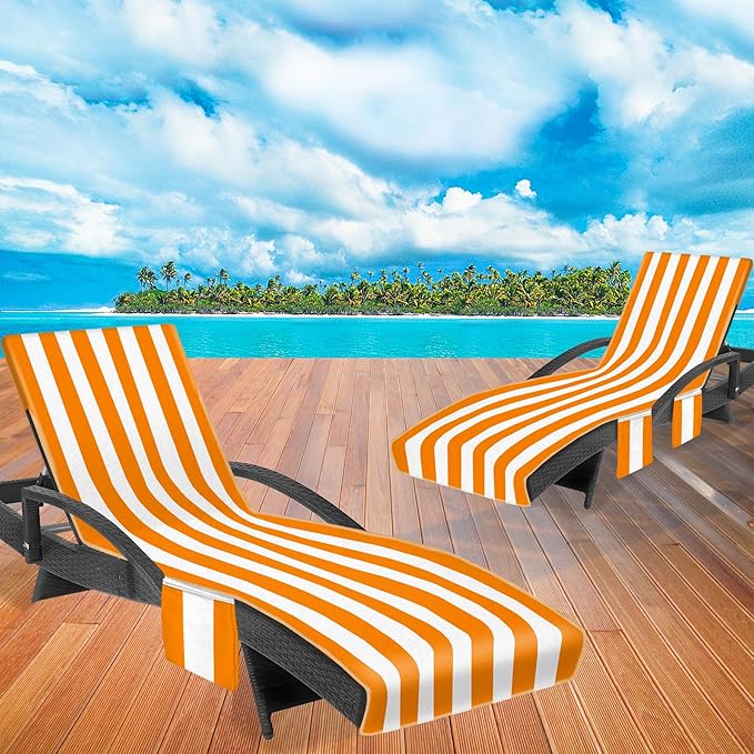 Lounge Chair Towel Cover, Beach Chair Covers (Pack of 2), Chaise Lounge Cover with 3 Pockets for Pool Beach Courtyard Garden Outdoor Trips, 85 x30 in, Striped White Orange