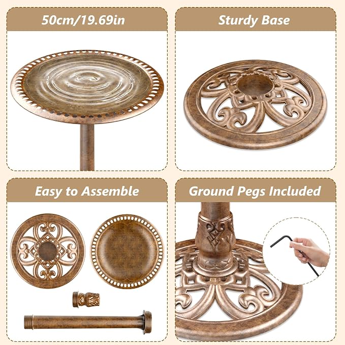 AISITIN 28 Inch Bird Bath with 3.5W Solar Fountain for Outside, Antique Copper Polyresin Pedestal Bird Baths for Outdoor Garden Courtyard Decor, Weather-Resistant Birdbaths with 20" Bowl & 8 Nozzles