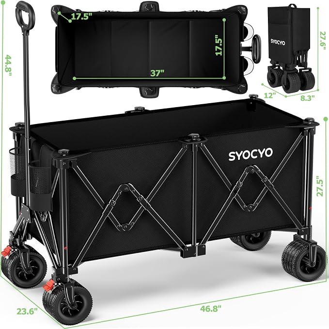 Beach Wagon Carts Foldable 580LBS Collapsible Wagon with Big All-Terrain Wheels for Sand 340L Heavy Duty Utility Carts with Cup Holders for Garden, Camping, Grocery, Black