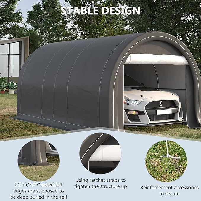 Outsunny 10' x 16' Carport, Heavy Duty Portable Garage Storage Tent with Large Zippered Door, Anti-UV PE Canopy Cover for Car, Truck, Boat, Motorcycle, Bike, Garden Tools, Outdoor Work, Gray