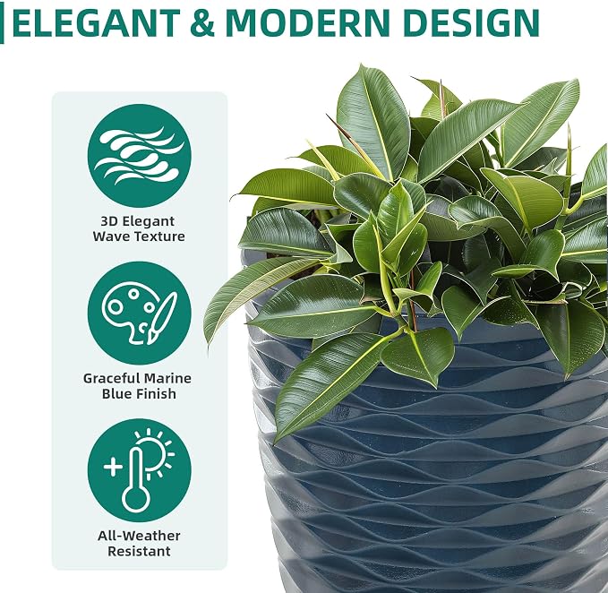 19" H Coastal Planter for Indoor/Outdoor Plants, Set of 2 Large Flower Pot with Drainage Hole, Weather/UV Resistant Resin Planters for Garden Patio Porch Home office Decor, Glossy Navy Blue Wavy