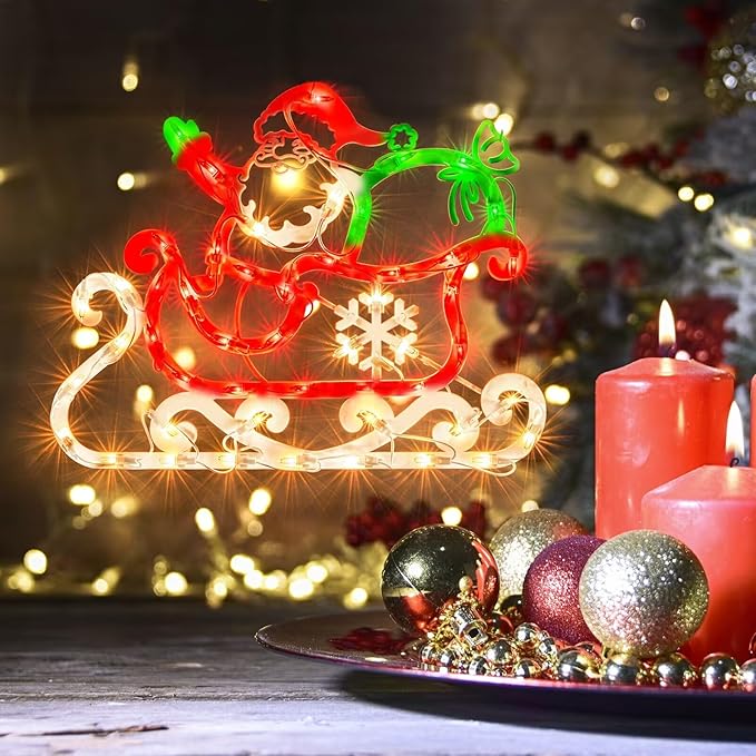 Christmas Window Silhouette Lights, Lighted Santa and Sleigh Double Sided Decorations with 50 Count Incandescent Mini Light for Holiday Indoor Wall Door Glass Decor
