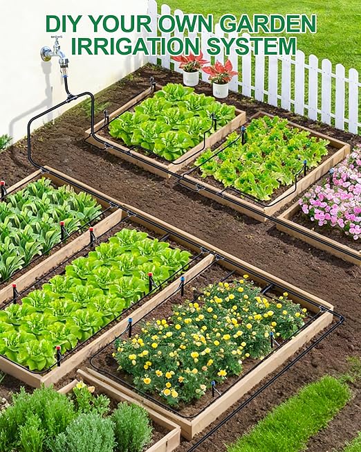 115FT Drip Irrigation System Kit, Automatic Garden Watering System with 1/2” & 1/3” Tubing, Adjustable Nozzle Emitters for Garden, Lawn, Potted Plants