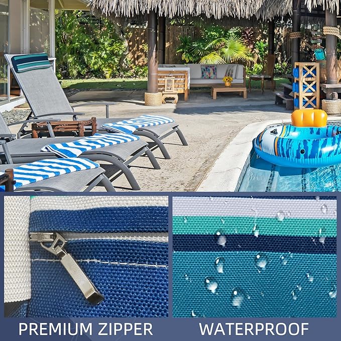 Chaise Lounge Head Pillow, 2 Pack Outdoor Lounge Chair Pillows with Elastic Strap Water Resistant Lounge Head Resting Pillows for Recliner Patio Beach Pool Office Chair(Blue Stripes)