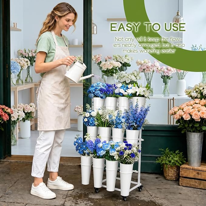 12 Buckets Flower Bar Stand,3-Tier Metal Flower Display Stand on Wheels,Mobile Flower Cart for Indoor & Outdoor Garden, Flower Shop, Wedding, Party Decor