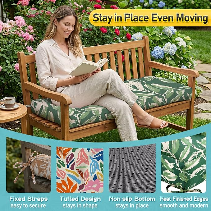 Outdoor Bench Cushion, Tufted Patio Seat Pad for Garden Bench, Porch Swing, Indoor/Outoor Furniture (Green Tulip, 48X18X4 inch)