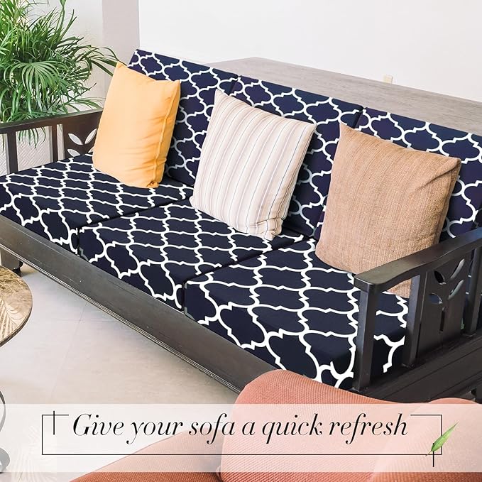 Newwiee 4 Pcs Waterproof Outdoor Cushion Covers for Patio Furniture Stretch Outdoor Couch Cushion Covers Replacement Moroccan Pattern Chair Seat Sofa Slipcovers Soft Flexibility Protector(Navy Blue)
