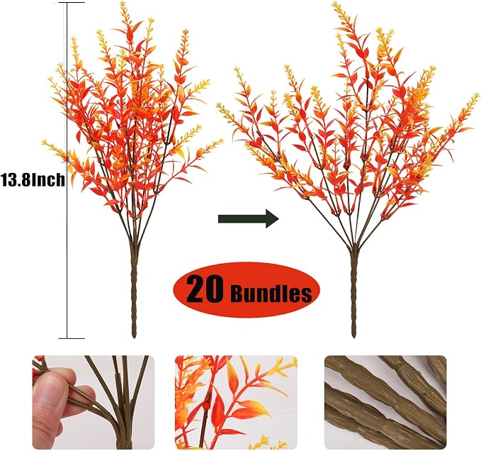 RECUTMS 20 Bundles Artificial Fall Flowers No Fade Faux Autumn Plants, Fake Indoor Outdoor Greenery for Thanksgiving Christmas Wedding Party Home Garden Fireplace Décor(Gold)