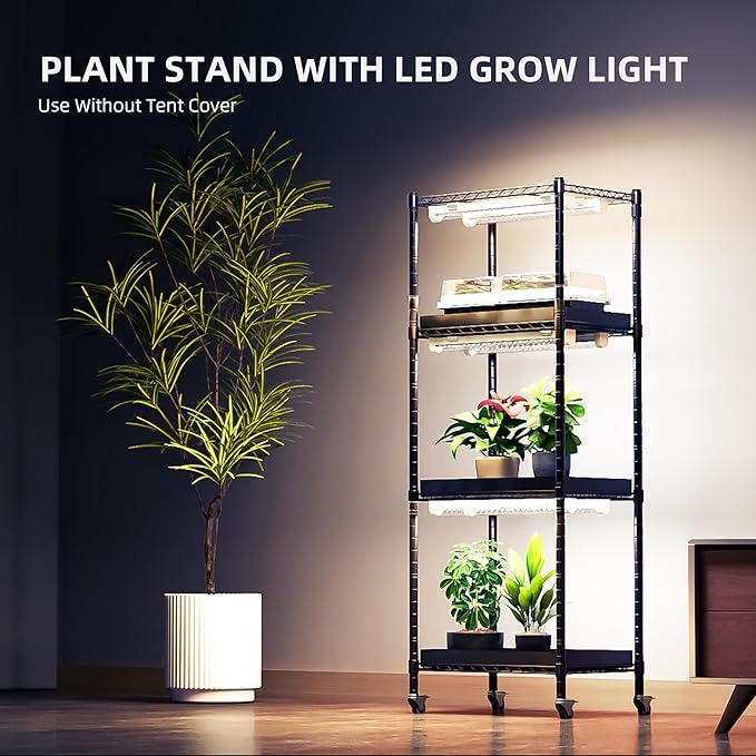 Spider Farmer 2026 Plant Stand with Grow Light, 4-Tier Rack 6Pcs 12" Full Spectrum 5000K LED Grow Lamps and Tent Cover Height Adjustable Small Greenhouse for Seedling Plant Indoor 16Lx12Dx47H (Update)