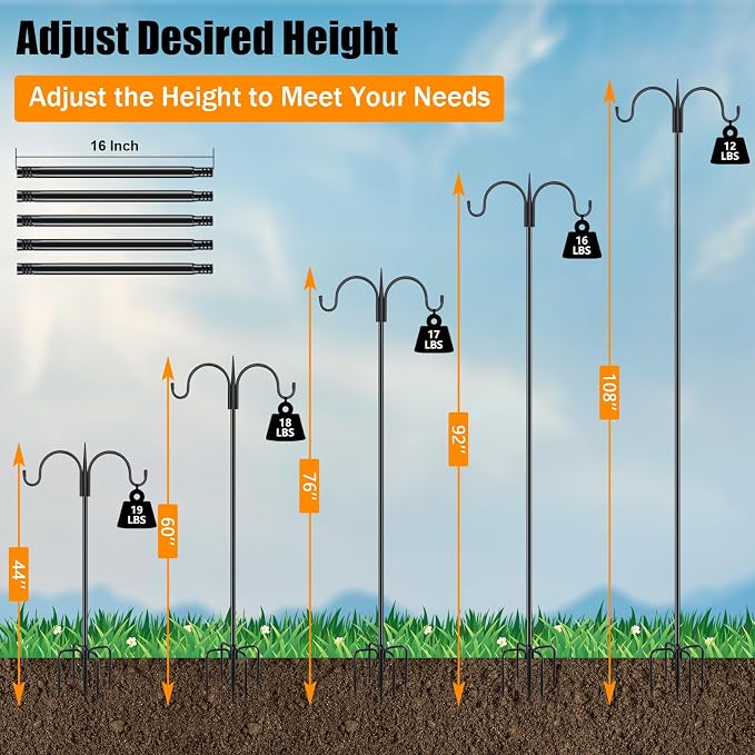 FEED GARDEN Heavy Duty Shepherds Hook 108" Double Hooks Adjustable (44/60/76/92/108") - Metal 5-Prong Base, 12lb Capacity - Easy Assembly Bird Feeder Pole for Hanging Planters, Lanterns, Wind Chimes