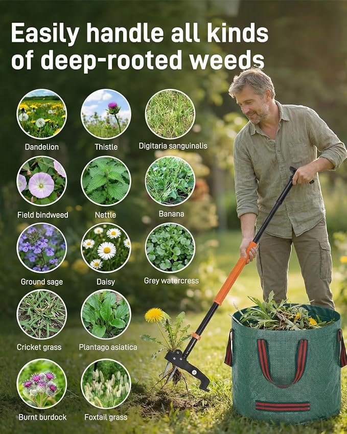 HAUSPROFI Stand Up Weed Puller Tool with 36-46 Inch Adjustable Long Handle and 50L Garden Bag, Heavy Duty 4-Claw Stainless Steel Weed Remover Tool with Automatic Rebound Design for Deep Roots