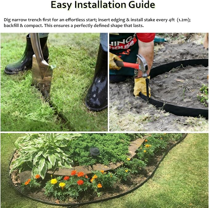 A ANLEOLIFE 40FT Flexible Plastic Landscape Edging Coil, 5" Black Garden Border for Yard, Flower Beds & Pathways, Anti-UV, 12 Stakes for Easy Install