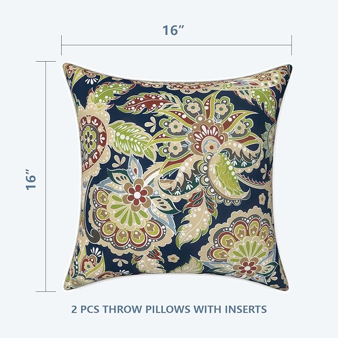 LVTXIII Set of 2 Patio Throw Pillows 16"x16" Fade Resistant Outdoor Throw Pillows with Inserts, Fluffy Decorative Garden Toss Pillow Cushions for Home Coach Sofa Use, Paisley Sapphire Blue