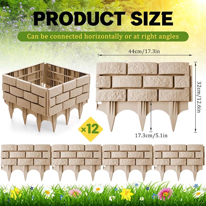 Landical 12 Pcs Imitation Stone Garden Fence, Faux Stone Retaining Wall Look Garden Bricks Border with Ground Stakes, 17.3 x 12.6 in Gray Plastic Edging Blocks for Flower Beds, Lawn, Mulch (Yellow)