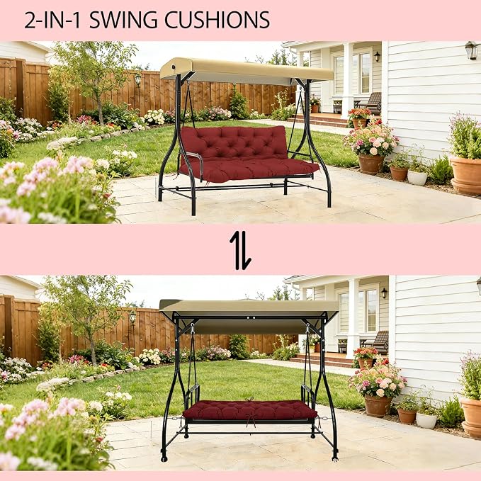5 Inch Thick Waterproof Patio Porch Swing Cushions, 60x40 Inch 3 Seater Replacement Cushion with Backrest & 8 Ties, Fade-Resistant Outdoor Bench Swing Pad