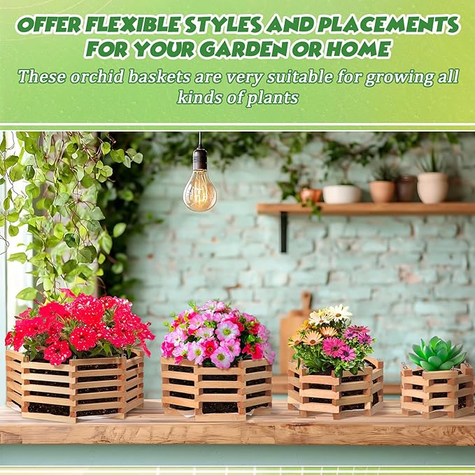 4 Pcs Wooden Orchid Baskets with Hangers for Outdoor Plants, Rustic Handmade Vanda Baskets, Hanging Orchid Planter, 4 Size