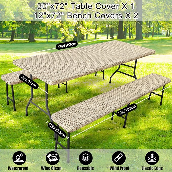 Smiry Picnic Table Cover with Bench Covers, Waterproof Elastic Fitted Tablecloth for 6 Foot Tables, Washable Polyester Tablecloths for Camping, Indoor & Outdoor (Champagne, 30x72 Inch 3-pc Set)