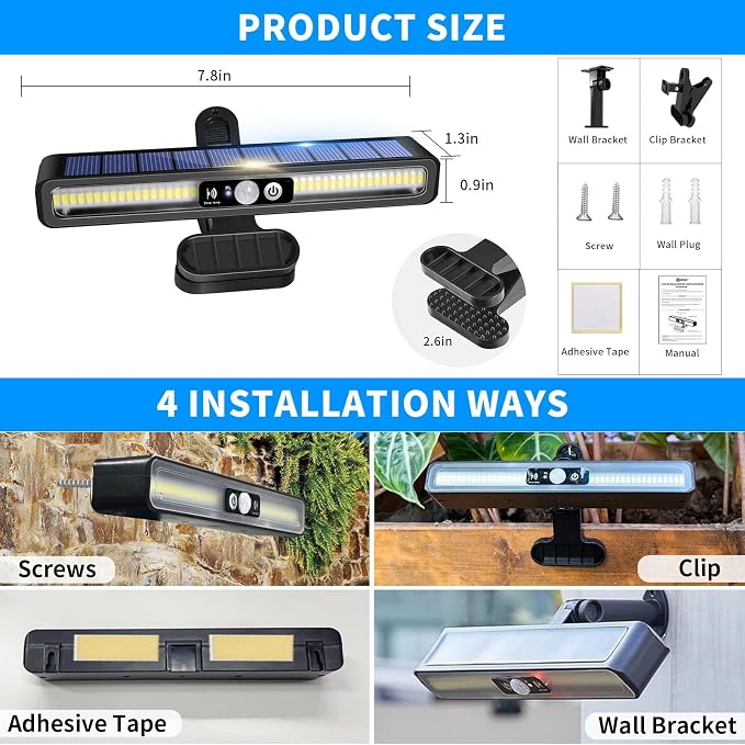 Clip-On Solar Motion Lights Outdoor Waterproof, 4 Pack (2 Pack 36 LEDs +2 Pack 70 LEDs) with Adjustable Color Temperatures, USB Charging & Remote Control, Perfect for Fence, Garage, Yard, Camping