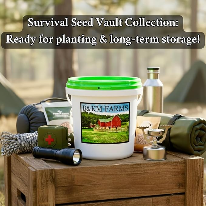 B&KM Farms 25,000+ Heirloom Vegetable Seed Vault - 40 Non-GMO Varieties for Home Gardening & Food Security - Long-Term Mylar Storage in Weather-Resistant Reusable Pail - Made in USA