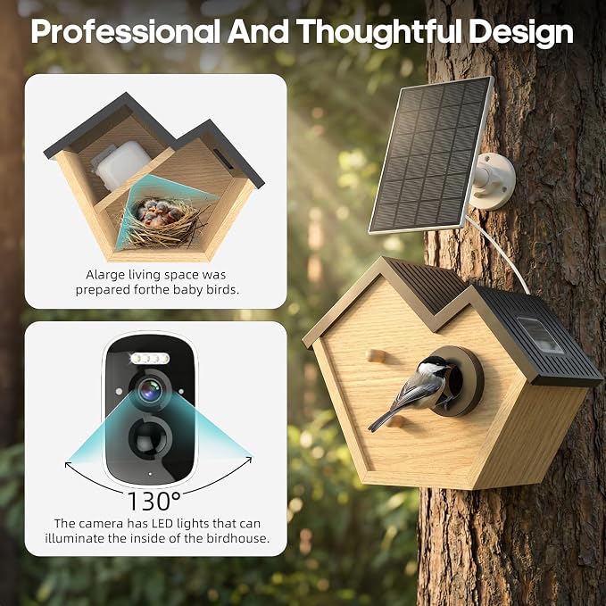 Wooden Bird House with Camera, 2K HD WiFi Smart Bird Feeder with AI Identify Birds Species & LED Light, Instant Alerts with Solar Powered Wireless Outdoor Birdhouse, Gifts for Bird Lovers