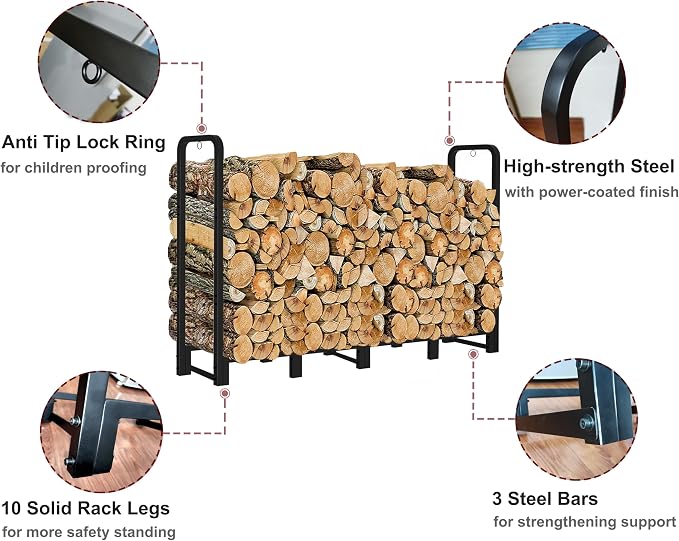 Firewood Rack Outdoor 8ft Heavy Duty Logs Holder for Indoor Fireplace Metal Wood Pile Storage Stacker Organizer, Matte Black