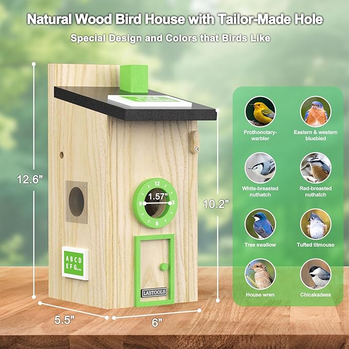 Solar Bird House with Camera - 2K HD Wooden Smart Birdnest Watch Birds Nesting & Hatching in Real Time, 2.4G WiFi with Camera Inside AI Identify Bird Behavior, Ideal Gift for Bird Lovers