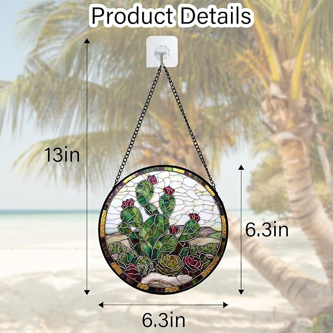 DASTOLL Stained Glass Window Hanging,Green Cactus Purple Flowers Suncatcher Diamond Glass Panel Sun Catchers Decor for Birthday for Women, Men, Wife, Aunt, and Mom 6.3 in