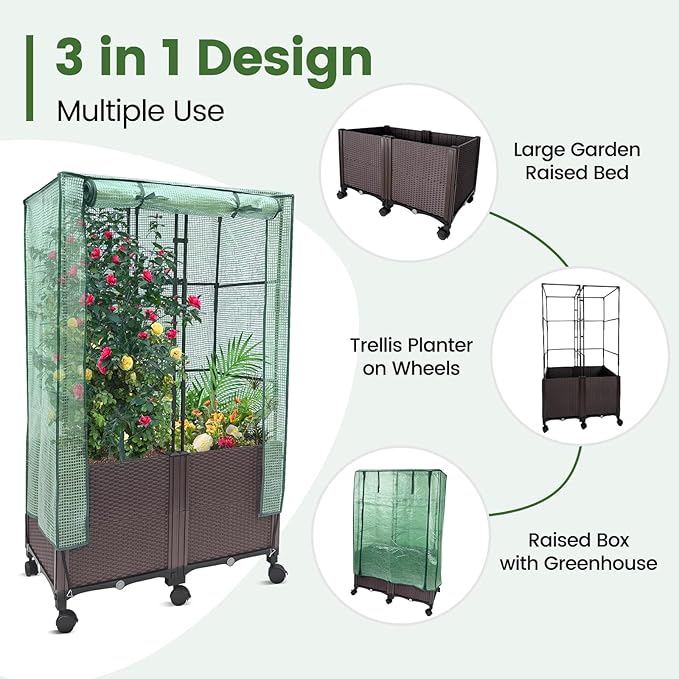 MAYOLIAH 3-in-1 Raised Garden Bed Large Planter Box with Trellis & Cover on Wheels Plastic Tomato Planter with Greenhouse for Deep Rooted & Climbing Plants 31.5x15.7x53-inch Brown