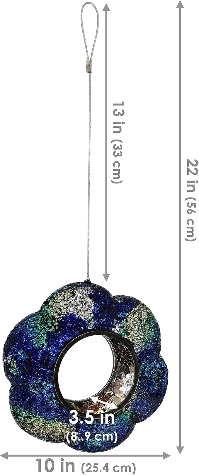 Sunnydaze 10-Inch Glass Mosaic Hanging Bird Feeder for Outdoors - Fly-Through Glass Bird Feeder for Cardinals, Jays, Finches and More - Indigo Flower Mosaic