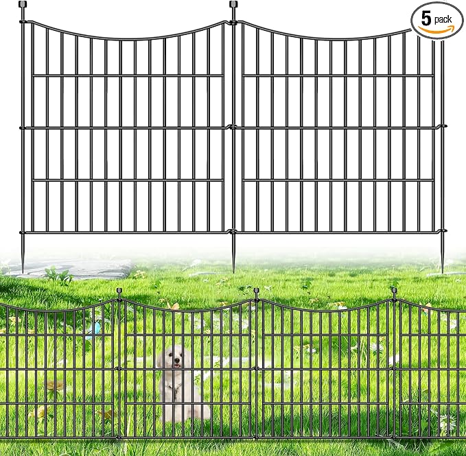 5 Panels No Dig Dog Fence Outdoor for Yard, 24 in(H) X 10 ft(L) Decorative Tall Garden Fence Animal Barrier, Rustproof Metal Wire Garden Edging and Borders, Temporary Fencing Stakes
