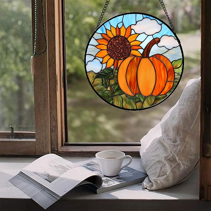 DASTOLL Stained Glass Window Hanging Fall Farm Scenery Sunflower Pumpkin 7.8" - Suncatcher Door Garden Kitchen Sunroom Sun Catcher Home Decor Birthday for Mom Grandma Men Woman