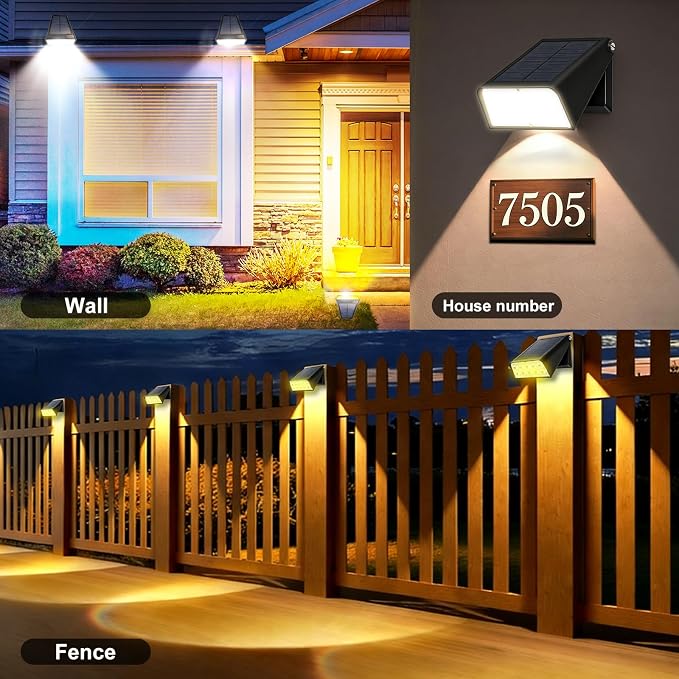 EMANER Solar Deck Lights, RGBW LED Fence Lights with Lens, 3000mAh Up to 20Hrs Runtime Stay On All Night, Wall Lights Dusk to Dawn| Father's Day 4th of July Patio Yard Garden Decor Gifts (4Pack)
