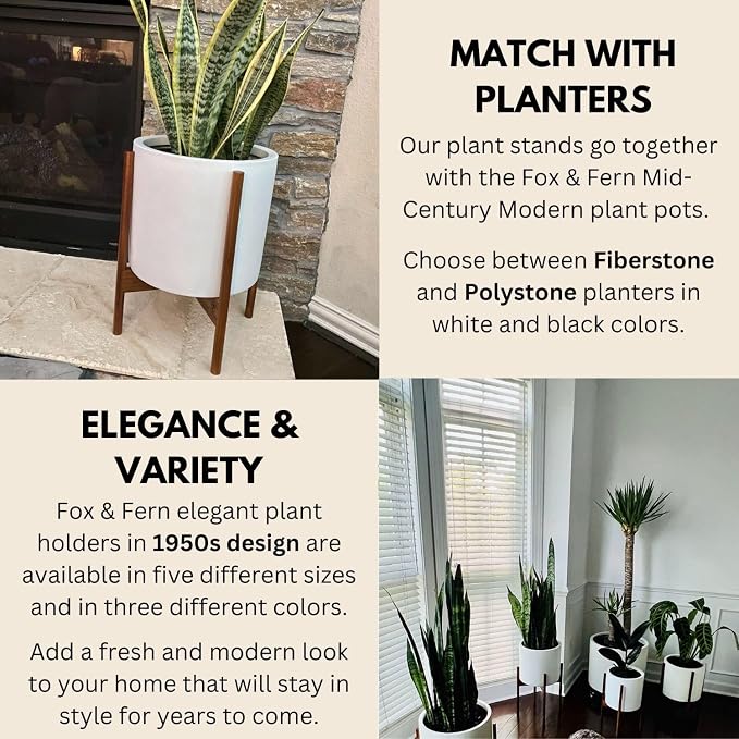 Fox & Fern Mid Century Plant Stand — 11.8 Inch Fixed Size Wooden Plant Stand for Indoor Planters (Not Included) - Large Flower Pot Holder for Indoor Big Pots - Plug In Design - Two Heights - Acacia
