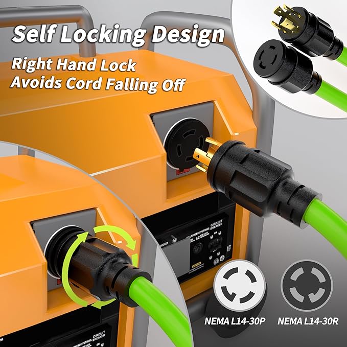 PlugSaf 100FT 30 Amp Generator Extension Cord 4 Prong, NEMA L14-30P/L14-30R 10 Gauge STW 125/250V Twist Lock Generator Cord Heavy Duty, Green ETL Listed