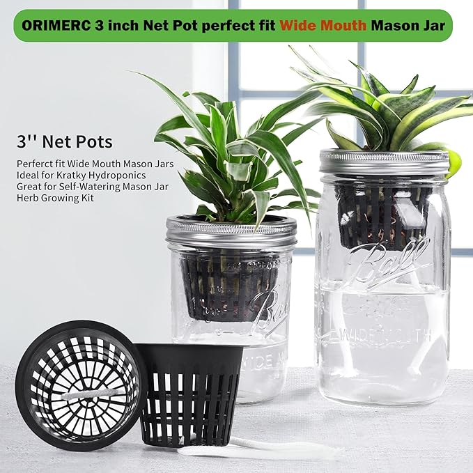 ORIMERC 25 Pack 3 inch Net Cup Pot with 25 feet Hydroponic Self Watering Wick & 25 Pcs Plant Label Aquaponics Mason Jar Insert Orchid Rimmed Netted Basket Slotted Mesh Garden kratky Growing Vegetable
