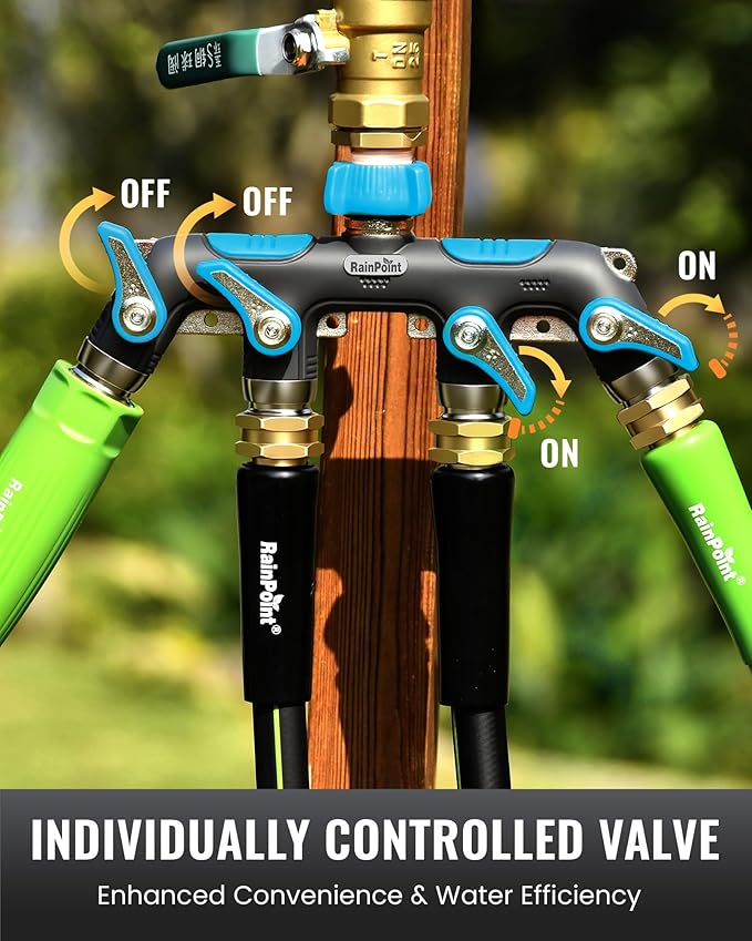 RAINPOINT 4 Way Garden Hose Splitter, 100% Metal Heavy Duty Water Hose Splitter with Individual Shut-Off Valves, 3/4" GHT High Flow Outdoor Faucet Splitter, 1.81" Extra Long Handle (Blue)
