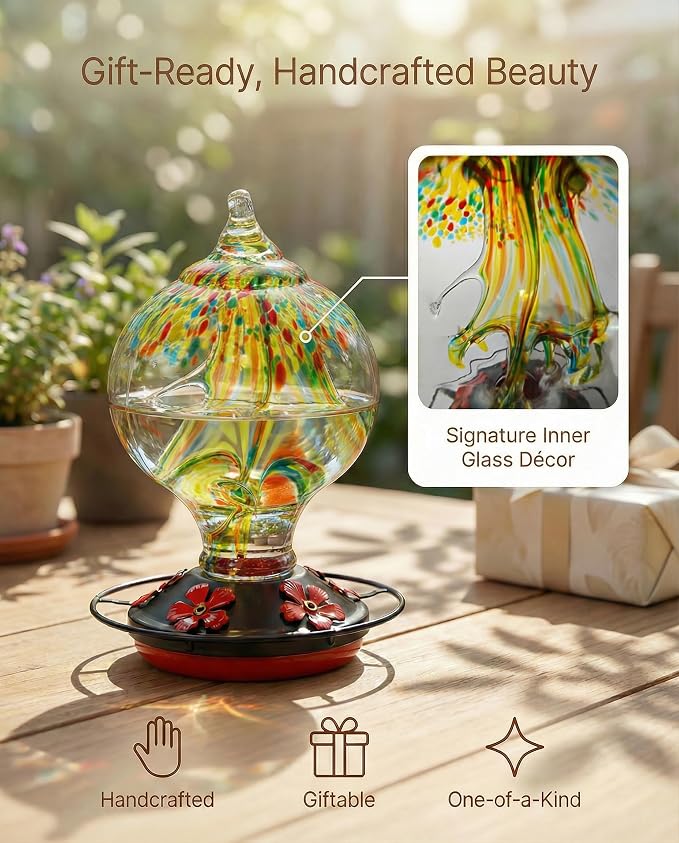 Hummingbird Feeder for Outdoors Hanging, 34 Oz, Handcrafted Gift Inner Glass Décor for Bird Garden Lover, Ant Moat & Bee-Resistant Ports, Hook & Brush Included (Golden Meadow)