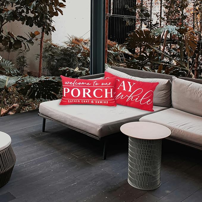 TAJWE Red Outdoor Pillow Covers Waterproof 12x20 Set of 2 Decorative Welcome to Our Porch Stay Awhile Cushion Cases for Patio Furniture Sofa Couch Decor