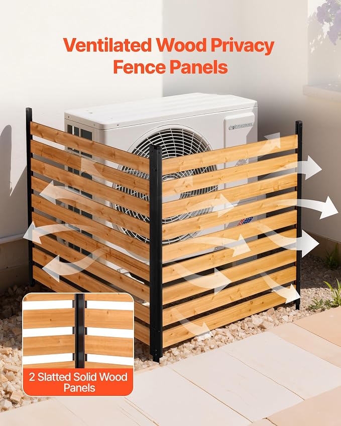 VEVOR Wooden Privacy Fence, 48 x 49 inch Air Conditioner Fence, 2 Panel Solid Outdoor Wood Privacy Screen with Metal Stakes, Steel Frame, Trash Can Hider Fences Suitable for Garden, Pool