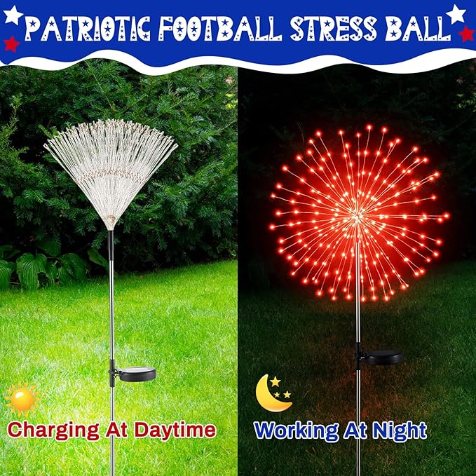 Tujoe 9 Pcs 4th of July Solar Firework Lights Patriotic Solar Light Outdoor Garden 120 LED 8 Modes Waterproof LED Sparkler Light for 250th Anniversary Patio Yard Pathway Walkway (Red,White,Blue)
