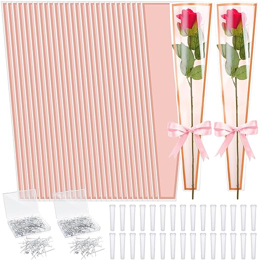 Outus Flower Bouquet Accessories 200 Pcs Single Rose Sleeves with 200 Floral Water Tubes and 200 Crystal Diamond Head Bouquet Pins for Valentine's Day Mother's Days Supplies Graduation(Pink)