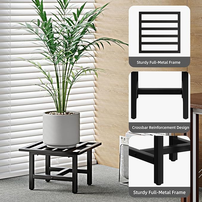 Heavy Duty Metal Plant Stand Outdoor, 330 lbs Wrought Iron Square Plant Stand Indoor, Rustproof Low Pedestal for Large Flower Pots, Patio, Balcony, Garden Decor 2 Pack Black