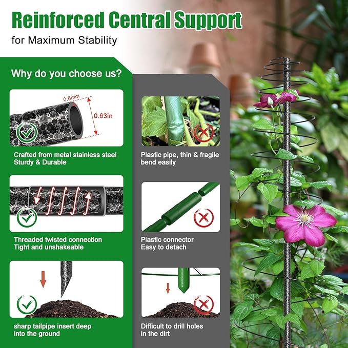 2 Pack Spiral Metal Garden Trellis for Climbing Plants Outdoor Indoor - 44" Adjustable Plant Support Tower with Center Pole, for Outdoor Garden, Raised Bed, Backyard, House Flower Pots & Planters