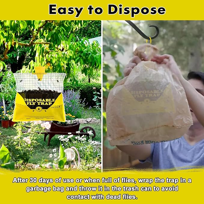 Glovv Fly Traps Outdoor Hanging with Fly Bait, 4 Pack Disposable Bags Hunter Ranch Trap, Flies Control Bug Catcher Killer Repellent for Stable Horse Barn & Farm