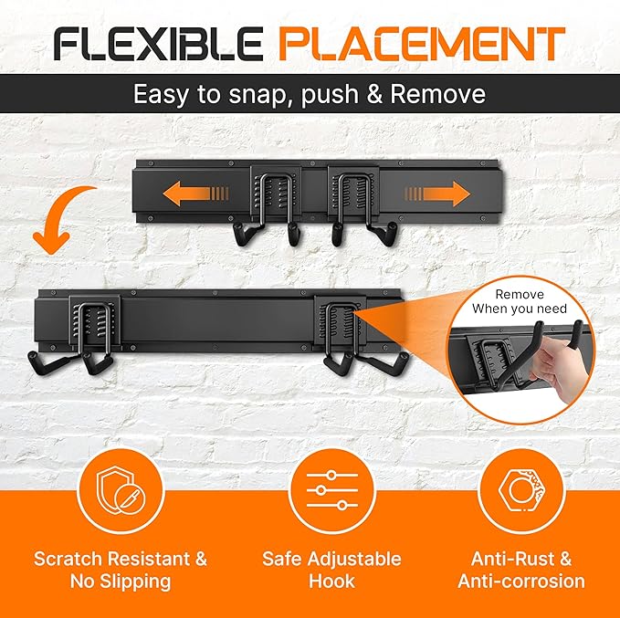"64 Garage Tool Organizer Wall Mount - Heavy Duty 750lbs Metal Storage Rack, Easy Install Adjustable Hooks for Garden Tools Brooms