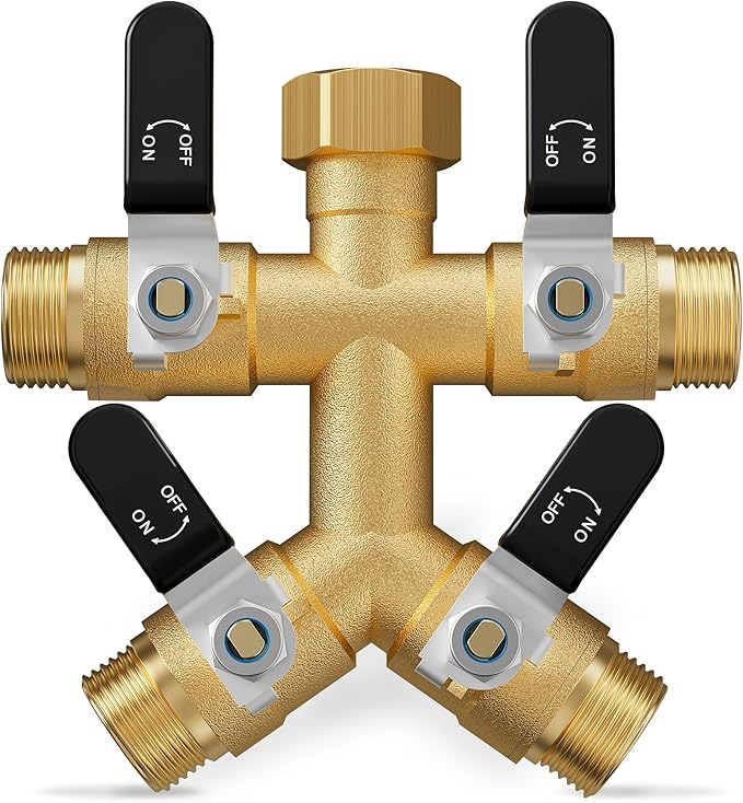 4 Way Hose Splitter, Heavy Duty Brass Garden Hose Splitter, Water Hose Bib Spigot Splitter with 0.59" Full Flow Ball Valve Outlet & Shut-Off Valve 3/4'' Connector Outdoor Water Faucet Adapter