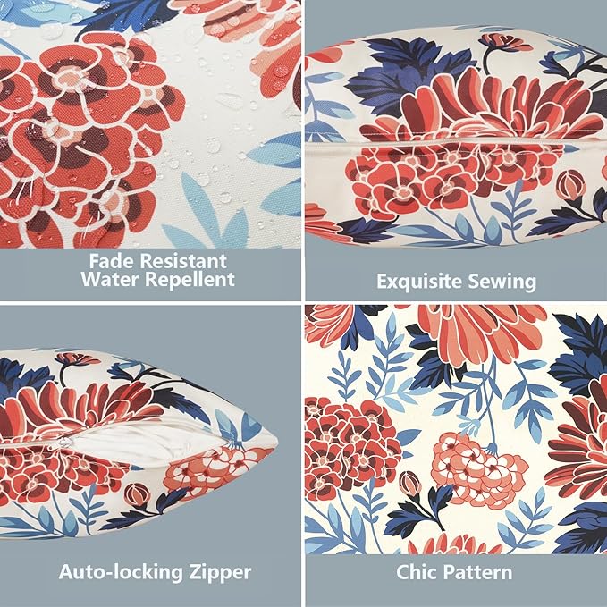 LVTXIII 2 Pack Outdoor Pillow Covers ONLY 18x18 Inch, Water-Repellent Square Decorative Cushion Covers for Patio Furniture, Garden, Sofa, Vibrant Blossom