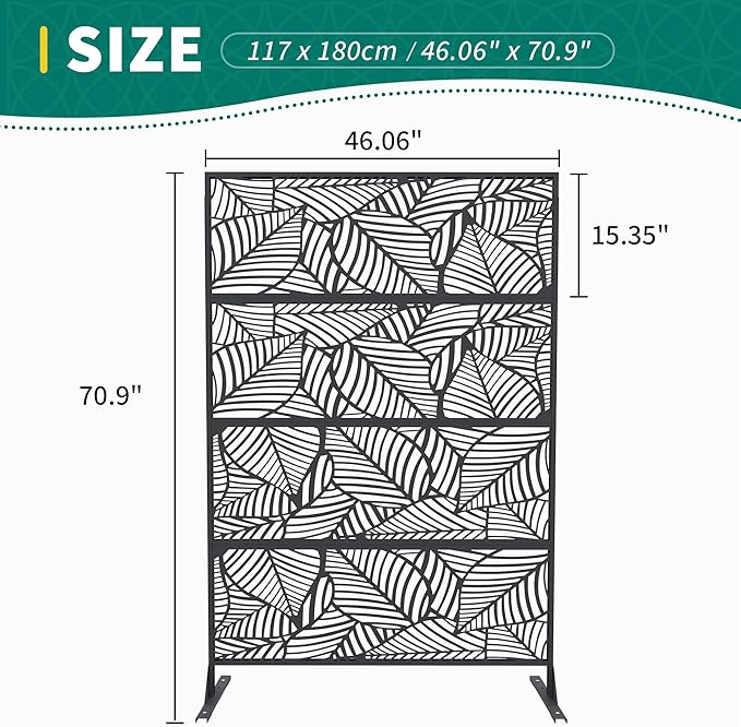 Metal Privacy Screen Outdoor - 71"x46" Freestanding Privacy Panels for Patio, Deck, Lawn & Garden, Weather-Resistant Rustproof Room Divider with Stand