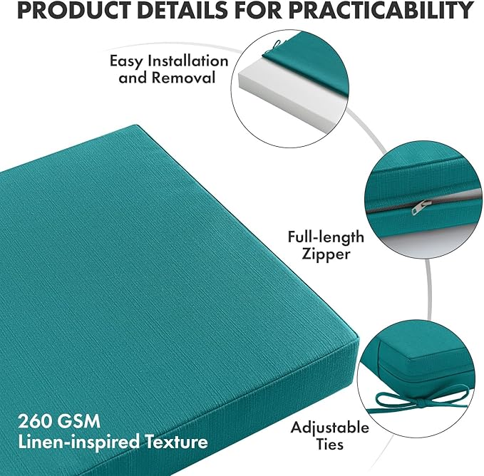 MIULEE Turquoise Outdoor Dining Cushion 20x20 Inch Waterproof & 3 Year Color Fastness Deep Seat and Back Cushion for Patio Furniture Chair with Ties